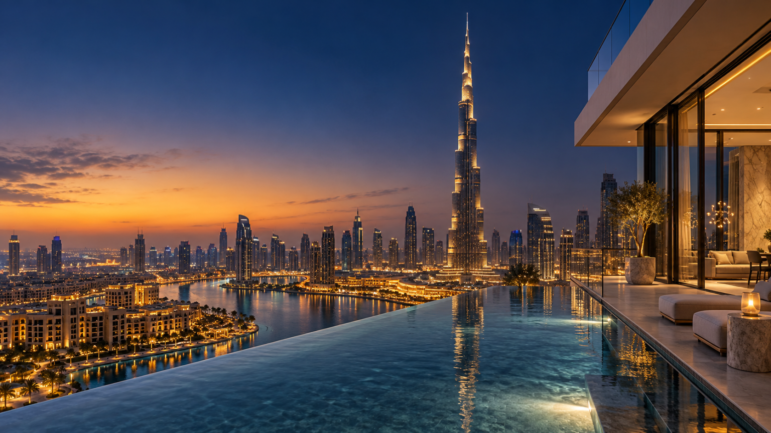 Top Real Estate in UAE — Dubai skyline and luxury terrace at sunset